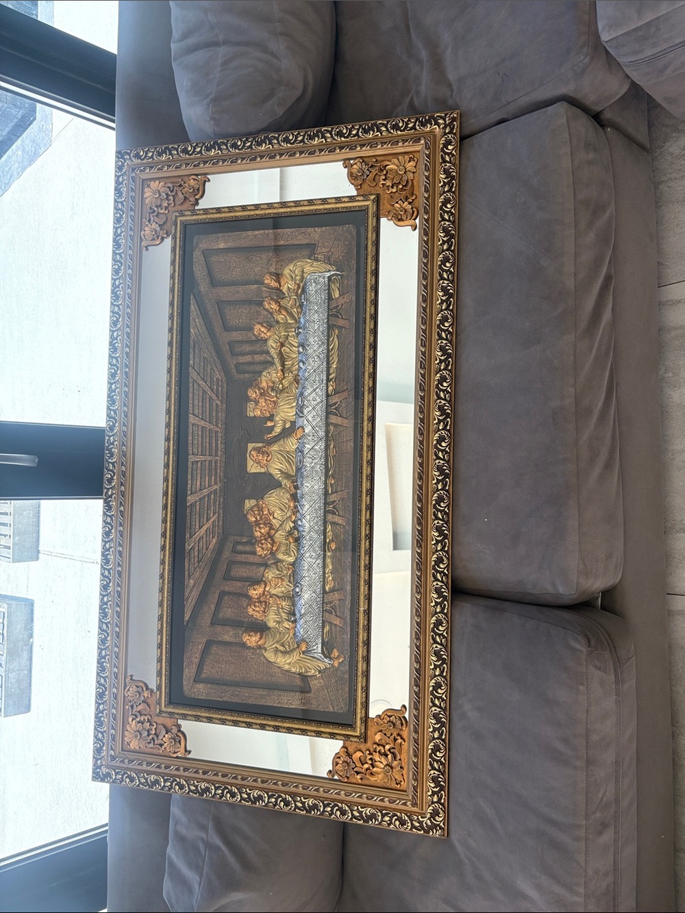 Ornate Gold Framed Wall Mirror with Decorative Religious Scene (Gold, Black)